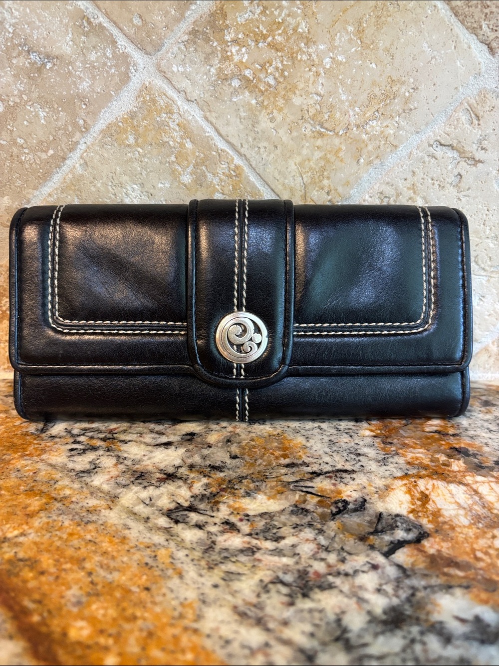 Brighton Black Women's Leather Clutch Wallet with Contrast Stitching